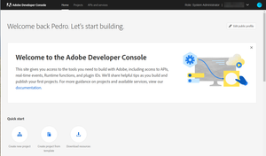 Adobe IO developer console home