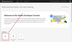 Adobe IO developer console new project button