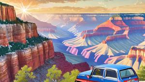 Generate a high-resolution photorealistic image of a pickup truck in the grand canyon national park at dawn