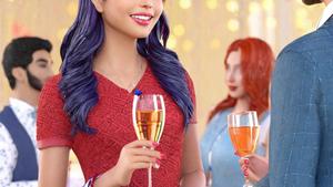 Generate a high-resolution photorealistic image of an asian woman wearing a long red dress at a party, holding a glass of wine and speaking with friends